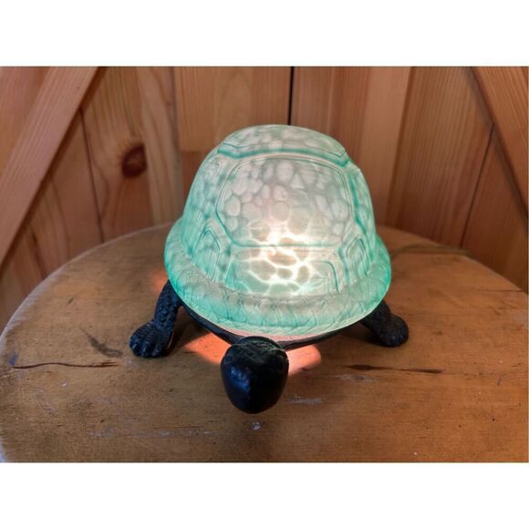 VTG Turtle Lamp Night Light Green Glass Tortoise Shell Cast Metal Corded Works ( - Picture 2 of 7